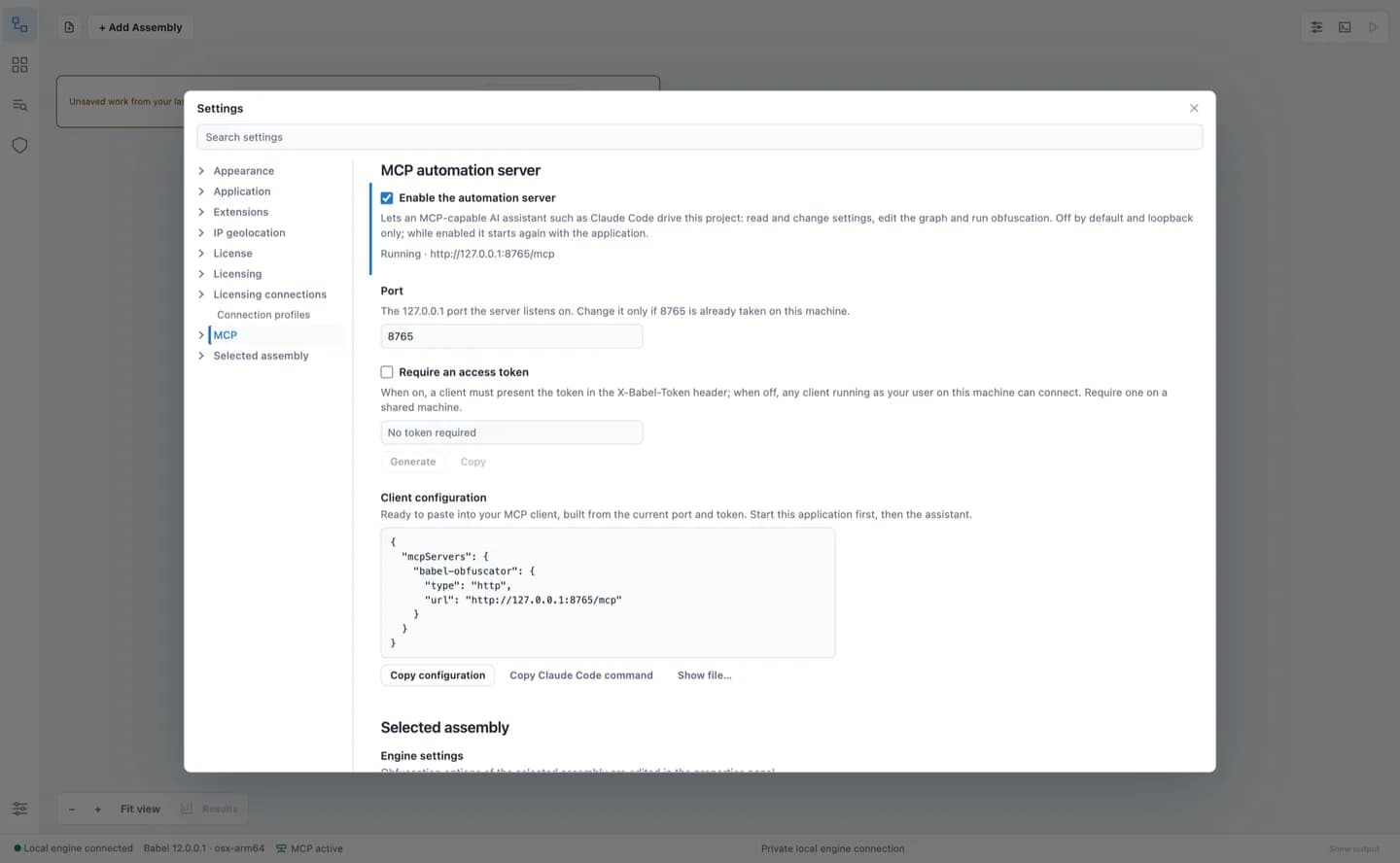 MCP server settings in Babel Desktop