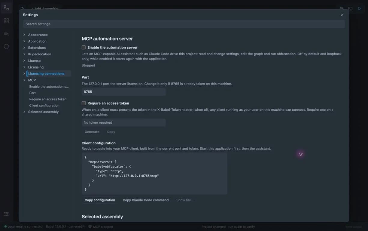 MCP server settings in Babel Desktop