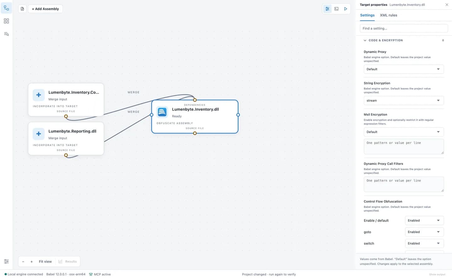 MSIL code encryption settings in Babel Desktop, distinct from string encryption settings