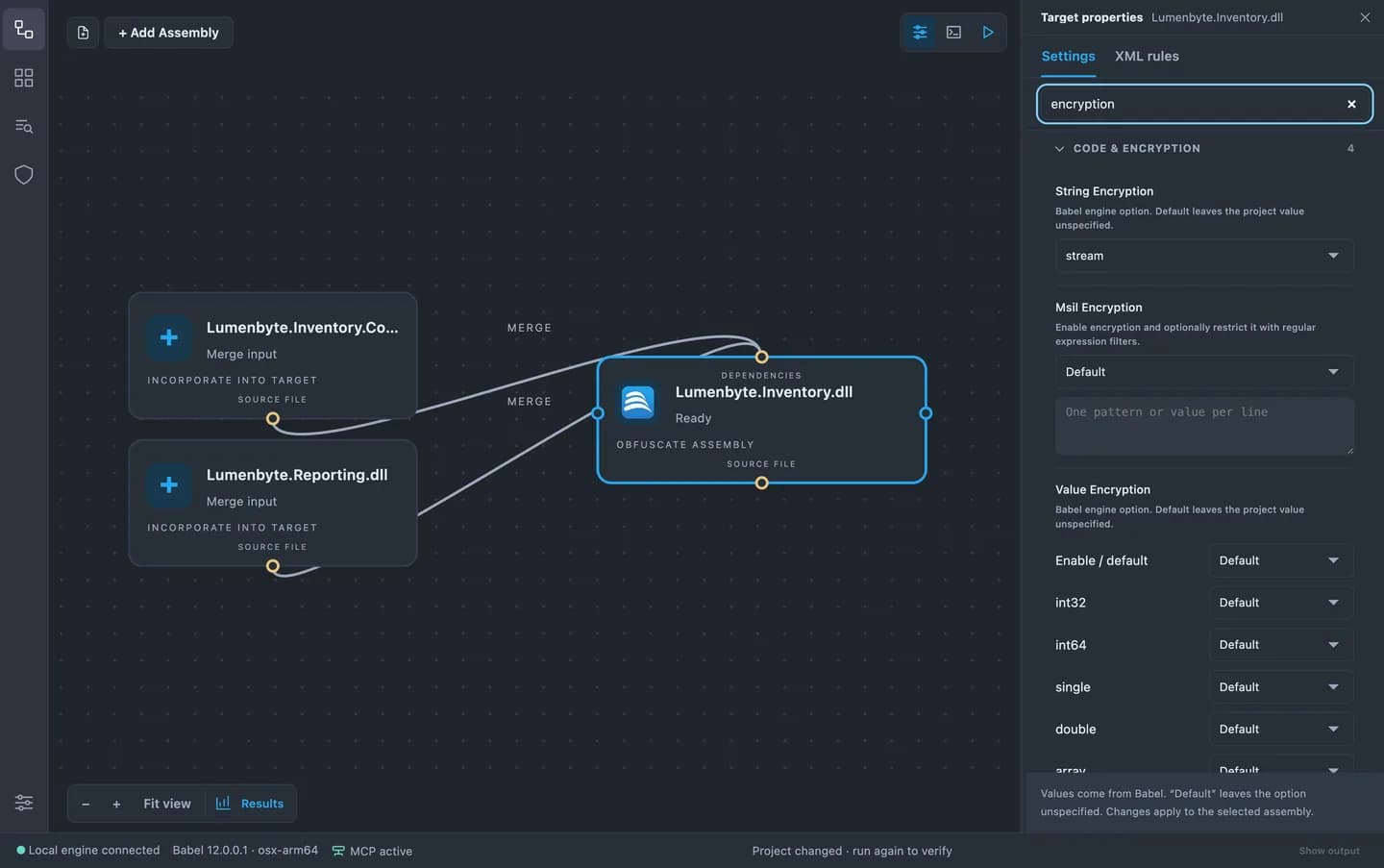 MSIL code encryption settings in Babel Desktop, distinct from string encryption settings