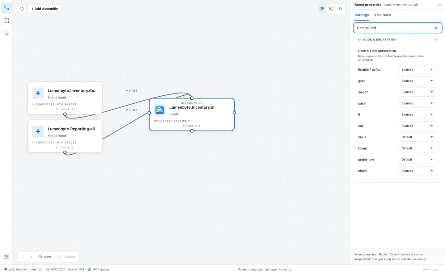 Control flow protection settings in Babel Desktop