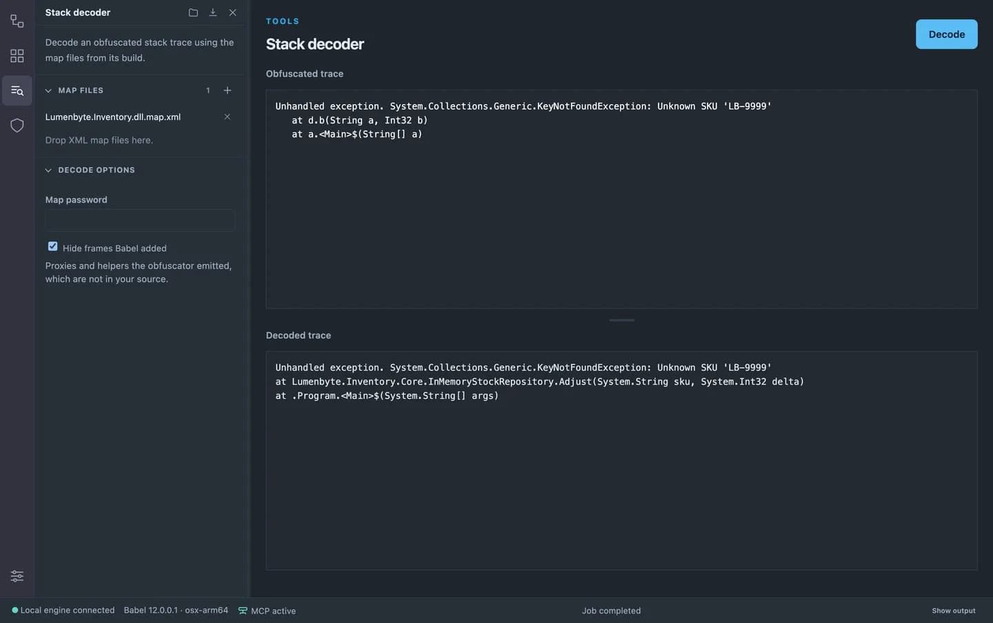 The Babel Desktop stack decoder with a fictional stack trace