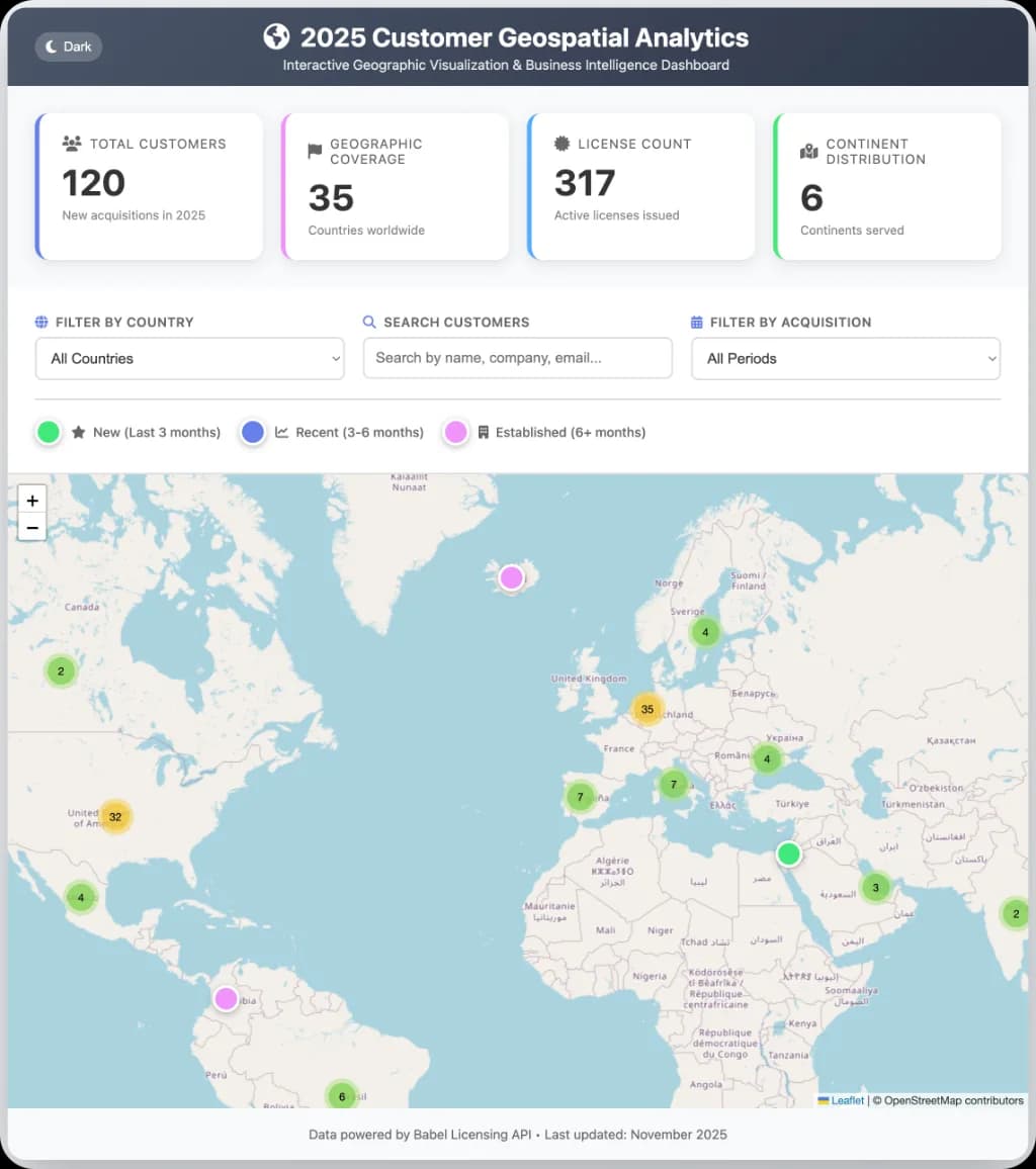 Customer geospatial analytics dashboard with totals, country filters and a world map of license holders